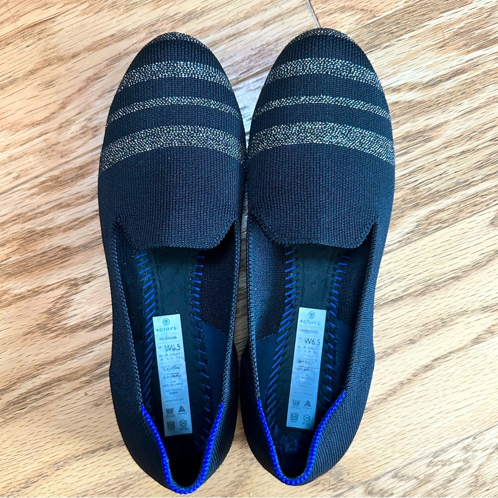Rothy’s OG Loafers, black, gold hand stitched stripes by me, Size 6.5
